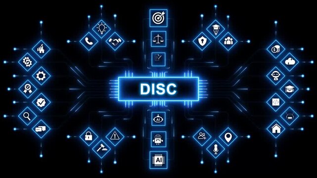 DISC, Dominance, Influence, Steadiness, Conscientiousness. Concept with keywords, letters, and icons. with neon toolbox any item use for animation