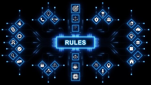 RULES. Concept with people, letters and icons. Colored flat vector illustration. with neon toolbox any item use for animation. Concept with technology background 4K motion video.