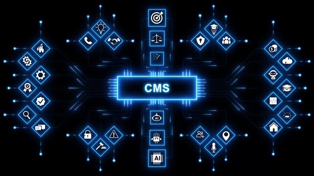 CMS, keywords, letters and icons. Colored flat vector illustration. with neon toolbox any item use for animation. Concept with technology background 4K motion video.