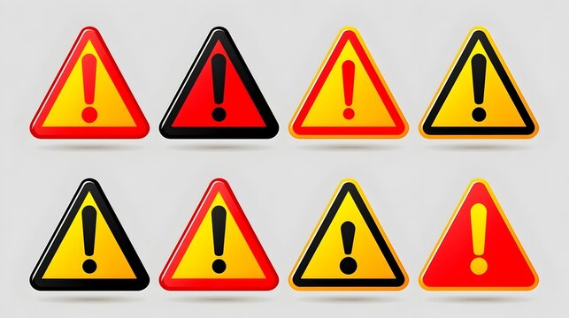 Warning triangle icon set illustration, red yellow and black exclamation caution signs for hazard alert, safety notice, risk prevention, emergency symbol. Warning and alert icon collection. 