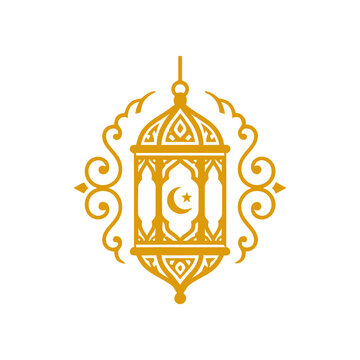 Golden islamic lantern with crescent moon and star design vector