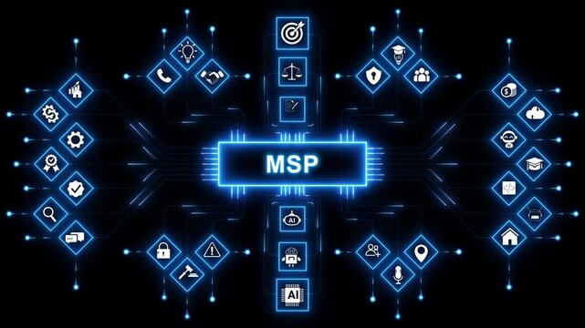 MSP, Managed Service Provider. Concept with keyword, people and icons. Flat vector illustration. with neon toolbox any item use for animation. Concept with technology background 4K motion video.