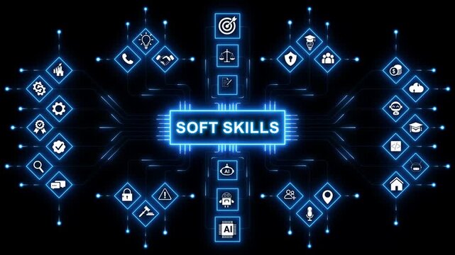 SOFT SKILLS. Concept with people, letters and icons. with neon toolbox any item use for animation. Concept with technology background 4K motion video.