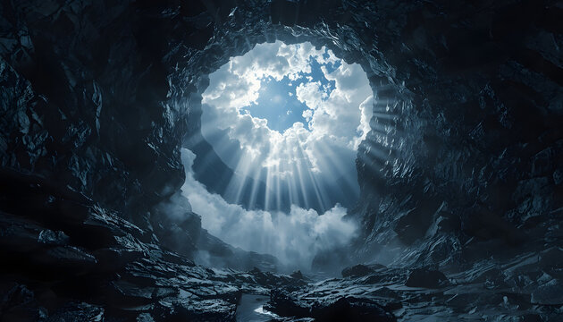 Misty Sky Opening Viewed from Dark Cave Interior &mdash; Sunbeams and Clouds