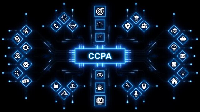 CCPA, California Consumer Privacy Act. USA data security, consumer personal data protection. with neon toolbox any item use for animation. Concept with technology background 4K motion video.