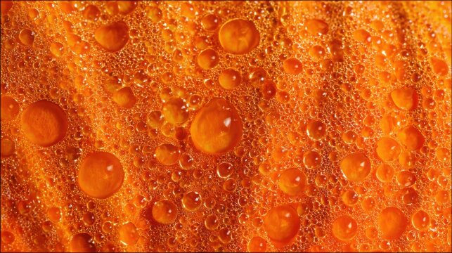 Extreme macro landscape texture of ripe pumpkin flesh with vivid orange fibers and sparkling juice droplets, rich organic cellular structure filling