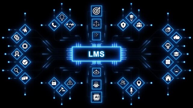 LMS, learning management system. Concept with keywords, letters and icons. with neon toolbox any item use for animation. Concept with technology background 4K motion video.