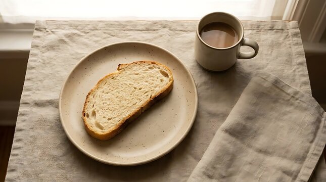 Toasted bread on plate with coffee and linen napkin.