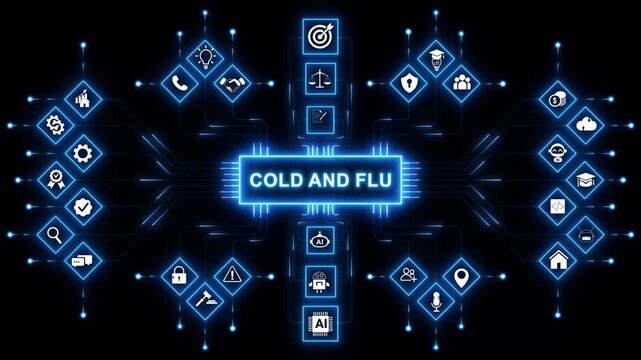 Cold and flu symptoms table chart. Infographic poster with text and character. with neon toolbox any item use for animation. Concept with technology background 4K motion video.