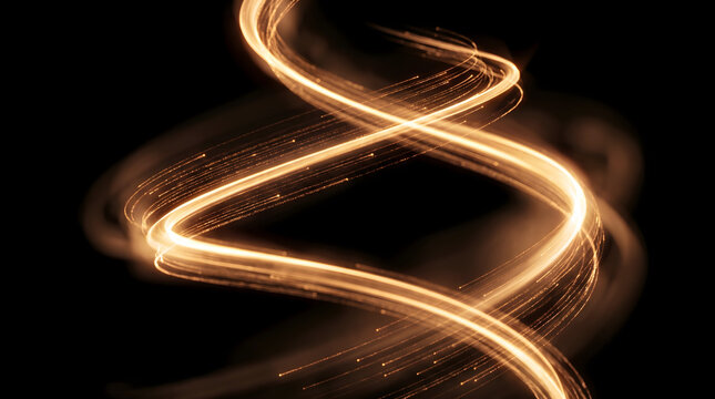 Golden light trails forming a double helix spiral pattern against a solid black background, glowing motion blur streaks with particle effects