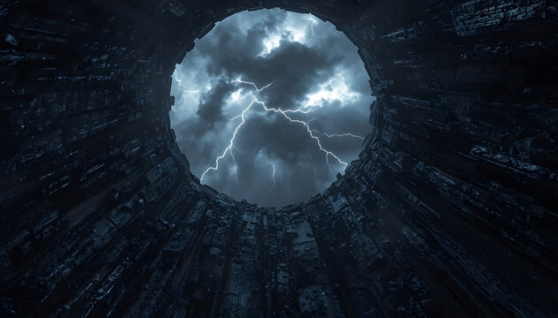 Lightning Storm Sphere Surrounded by Dark Radiating Towers &mdash; Sci-Fi Fantasy Scene