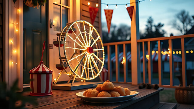Ferris wheel replica and funnel cake tray on porch with string lights, festive fair decoration concept