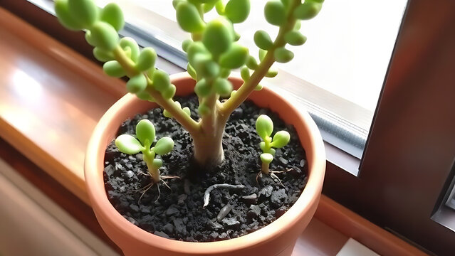 Mature jade plant in terracotta pot with two small offsets on wooden windowsill