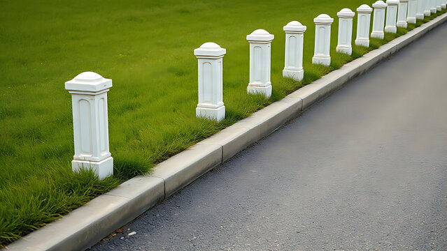 Row of white stone bollards and manicured lawn, boundary and landscaping concept