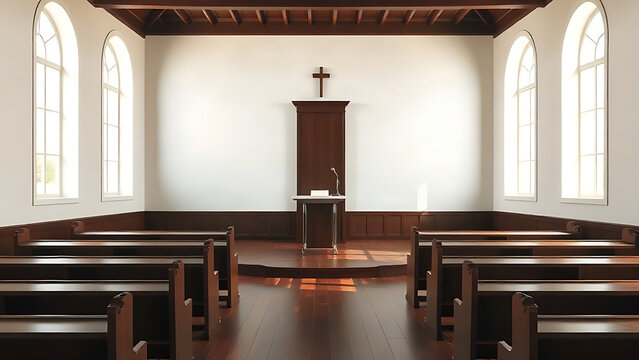 Empty seminary lecture room with wooden pews, lectern, and cross, religious education atmosphere