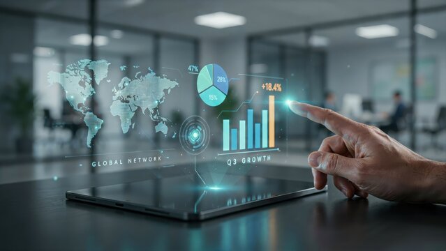 Business professional interacting with interactive holographic data projections displaying global market growth statistics on sleek black portable digital tablet screen interface