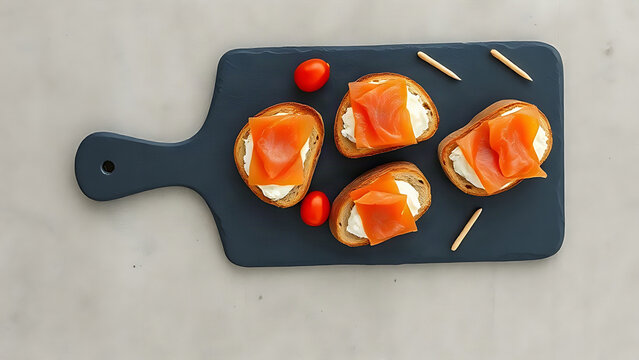 Toasted bread with cream cheese and smoked salmon on slate board with cherry tomatoes, appetizer concept