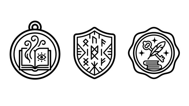 Set of mystical and magical icons featuring enchanted books runic shields and ancient keys mystical esoteric adventure mysterious collection illustration enchanted knowledge mystique