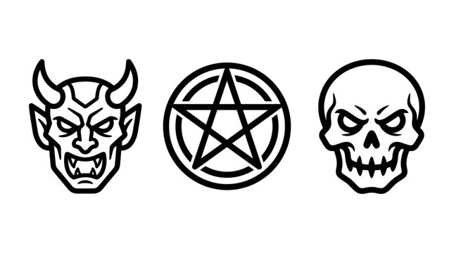 Demonic horned entity pentagram symbol and evil skull outline icon set with pentagram halloween illustration monochrome mystical supernatural malignant malevolent infernal esoteric character