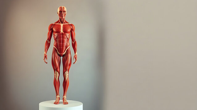 Layered human torso anatomical model on white pedestal against warm gray wall
