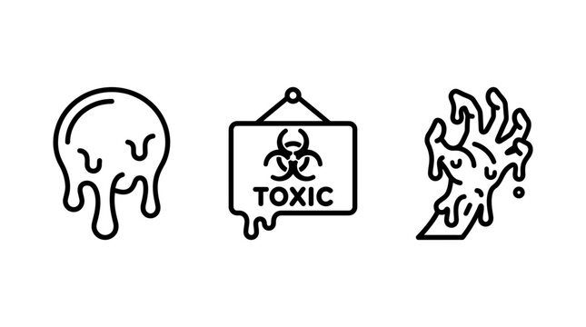 Toxic hazard line art icons featuring slime sphere warning sign and melting zombie hand radioactive pollution biohazard halloween chemical illustration isolated infectious contamination