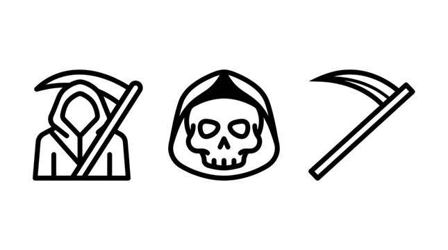 Grim reaper silhouette icons featuring hooded figure skull and scythe blade skeleton halloween silhouette grimreaper monochrome isolated illustration supernatural character iconography