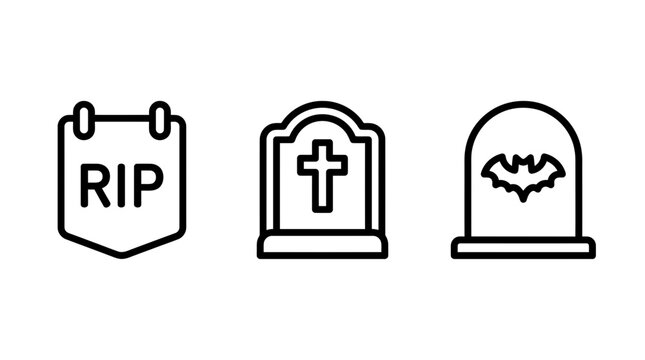 Three memorial and cemetery themed icons including an rip tombstone banner a grave marker with a cross a headstone with a bat tombstone cemetery headstone memorial halloween illustration
