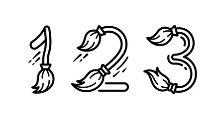 Obraz premium Whimsical numbers 1 3 shaped like magic sweeping brooms for wizardry concepts with wizardry illustration numerals collection creative isolated minimalist character typography whimsical