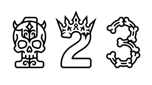 Spooky set of icons including a horned skull a crown with the number 2 the number 3 made of bones halloween skeleton counting mythical mysterious illustration creative structure