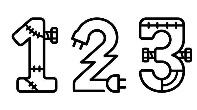 Set of frankenstein monster inspired numbers one two three with bolts and electrical plugs sci fi frankenstein electrical typography illustration isolated numerals decorative experiment