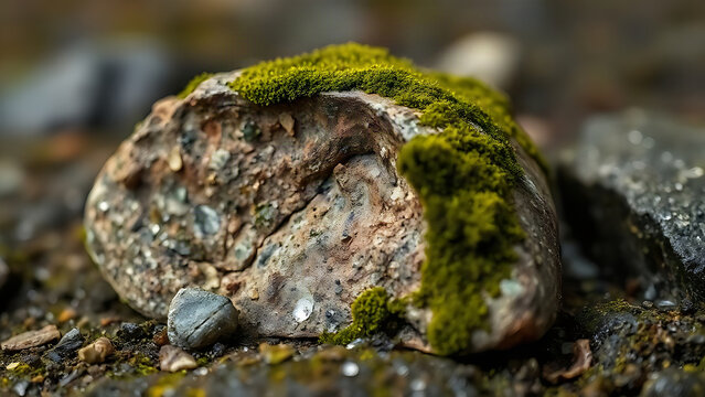 A moss-covered stone turned over after rain, revealing its dry underside.