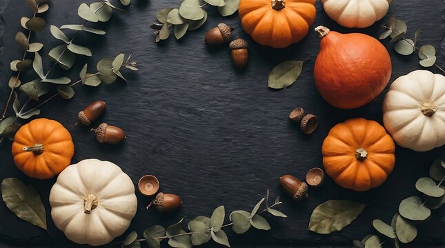 Mini pumpkins and autumn leaves on slate background