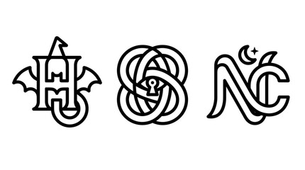 Fototapeta premium Collection of decorative line art monogram icons with occult gothic influences including bat wings and mystical knots monogram mystical crescent mysterious esoteric decorative illustration