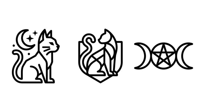 Minimalist esoteric cat and pentagram symbols set with pentagram crescent esoteric mystical witchcraft minimalist astrology celestial spirituality illustration creature mystique esoterica