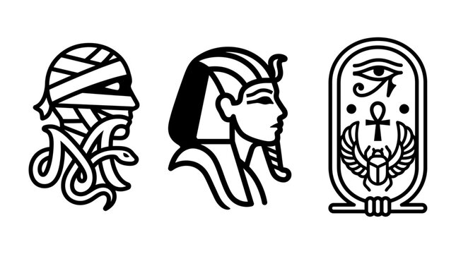 Ancient egyptian themed icon set with mummy pharaoh and hieroglyphic symbol egyptian hieroglyph mystical mythology illustration abstract creative minimalist collection religion archaeology