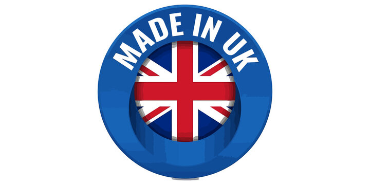 Glossy blue circular badge with three dimensional text made in uk and union jack flag graphic.