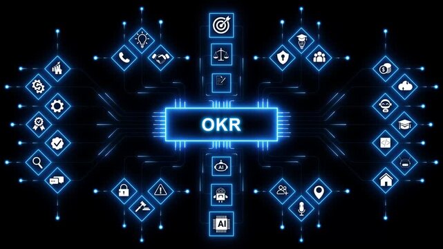 OKR, objectives and key results. Concept with keywords, letters, and icons. with neon toolbox any item use for animation. Concept with technology background 4K motion video.