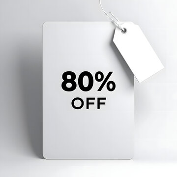 80 percent off sale sign with blank paper price tag hanging on a minimal background