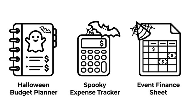 Halloween planning icons set including budget planner expense tracker and event finance sheet with halloween management accounting checklist organizer business expenses calculator currency