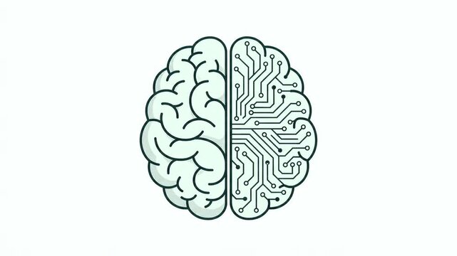 a human brain symbol split between organic biological folds and digital electronic circuit board pattern lines isolated
