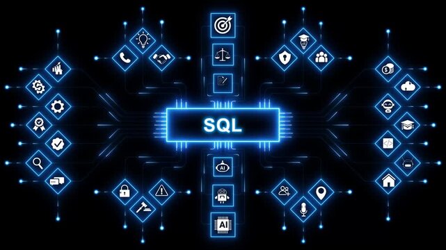 SQL, Structured Query Language. Concept with keyword, people and icons. with neon toolbox any item use for animation. Concept with technology background 4K motion video.