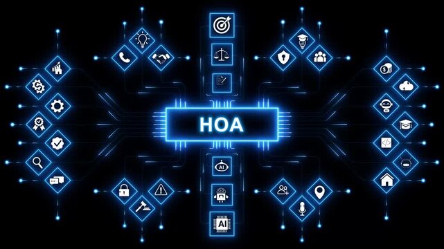 HOA, Homeowner Association. Concept with keywords, letters and icons. with neon toolbox any item use for animation. Concept with technology background 4K motion video.