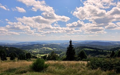 Panoramic view of Owl Mountains landscape with rolling green hills and cloudy blue sky, Wielka Sowa, Poland © Konrad_elx