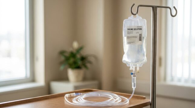 Transparent IV bag filled with saline solution hanging from a medical stand with coiled tubing