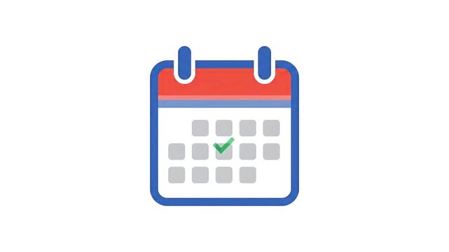 a motion graphic animation of a calendar icon showing a checkmark symbol appearing on a white background