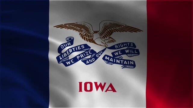 iowa state flag waving in realistic slow motion seamless loop video featuring official state emblem bald eagle ribbon slogan national identity patriotism mid-west history background 4k stock footage
