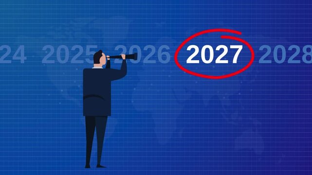 Businessman looking through telescope at year 2027 circled in red among timeline of years, concept of future vision, business outlook and strategic forecast, animated motion graphic