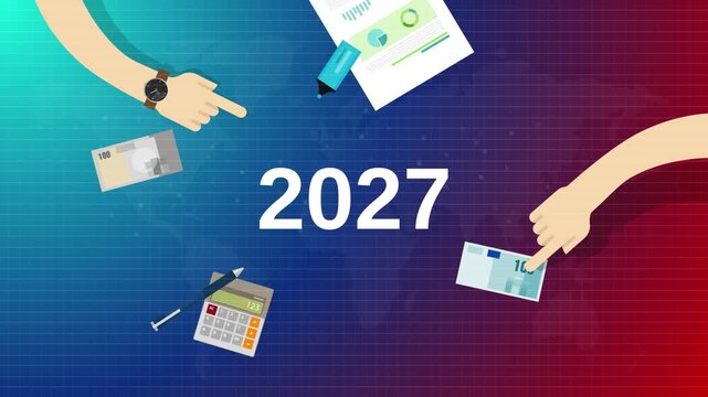 2027 business finance and accounting concept with hands pointing at money, calculator, financial report and euro banknotes on world map background, budget planning animated motion graphic
