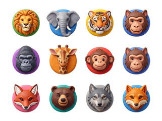 Colorful cartoon animal faces in circular frames.