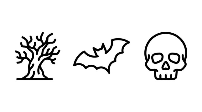 Halloween line art icon set including a bare winter tree a flying bat silhouette a human skull halloween illustration minimalist isolated collection silhouette seasonal skeleton